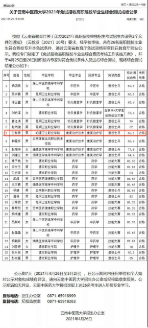 BB贝博医学技术系四名同学通过云南省2021年免试招收高职院校毕业生综合测试
